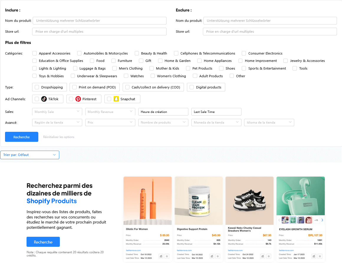 screenshot du tableau de bord ppspy, section Shopify Produit pour trouver des produits gagnants en dropshipping