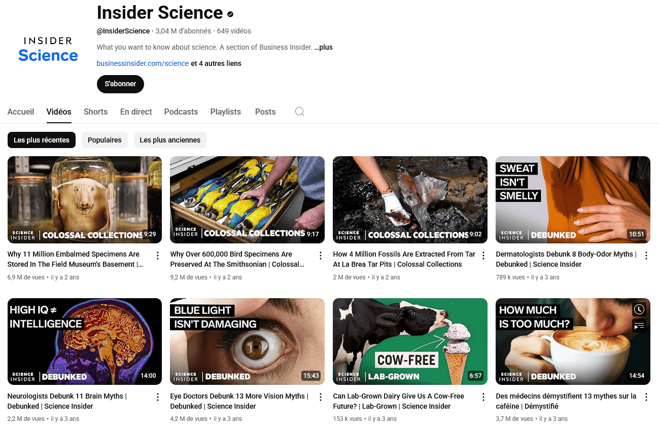 chaine youtube faceless dans la thématique de la science