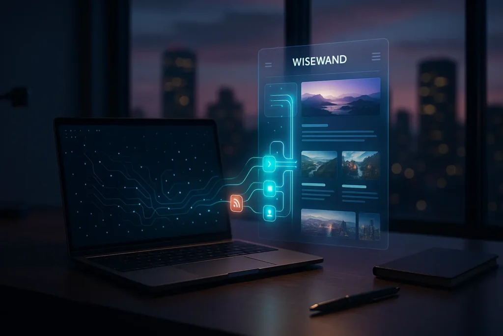 Ordinateur portable sur un bureau, projetant une interface holographique Wisewand avec flux de contenu automatisé et icônes de sources.