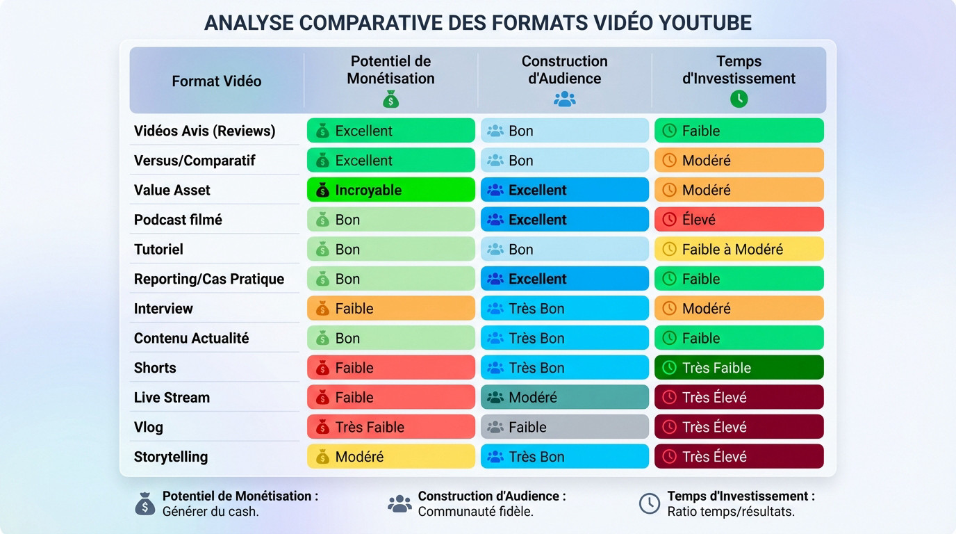Tableau comparatif des formats vidéo YouTube selon la rentabilité et le temps de production