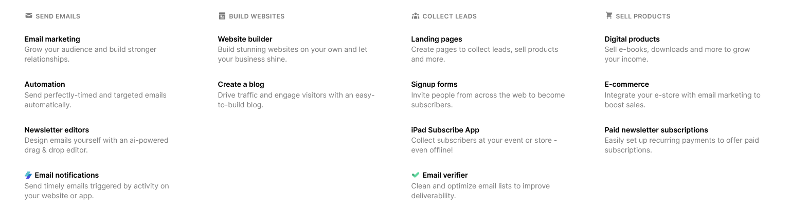 fonctionnalités de MailerLite