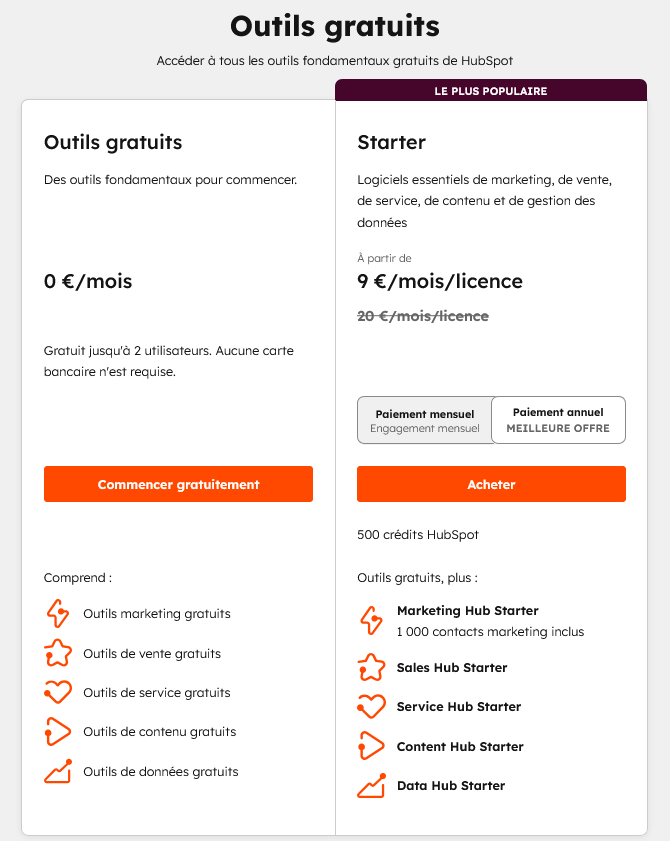 prix et tarifs de hubspot