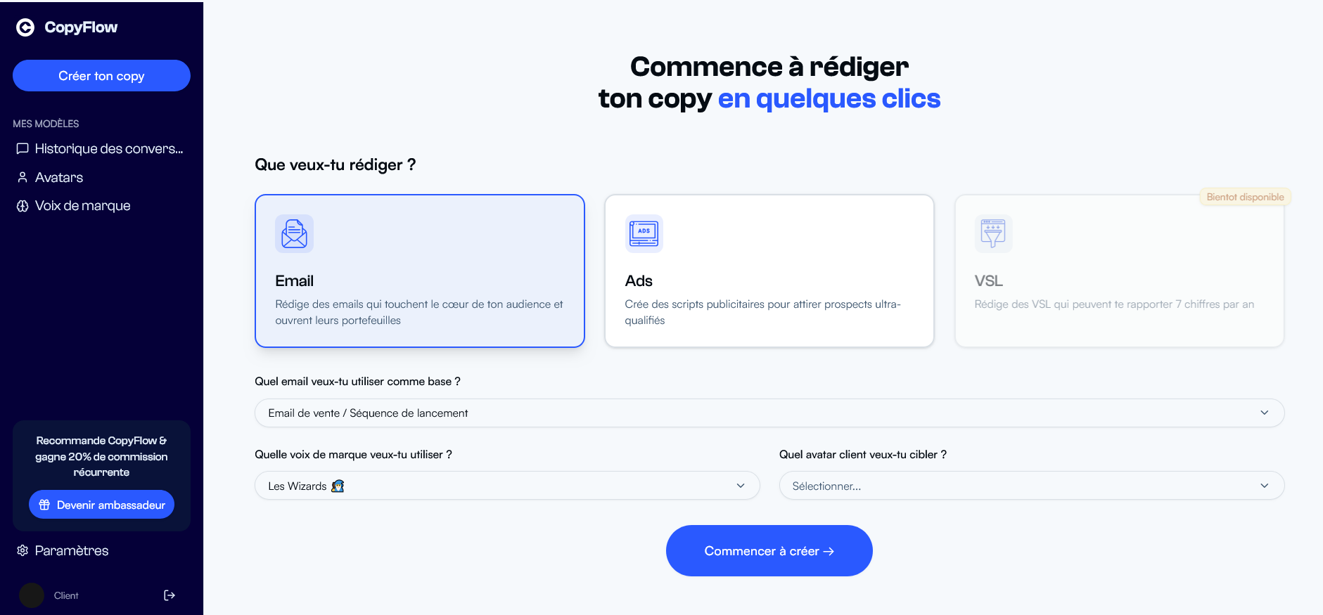 tableau de bord de copyflow