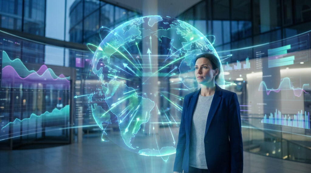 Femme d'affaires devant un globe holographique représentant la stratégie SEO internationale avec données et flèches.