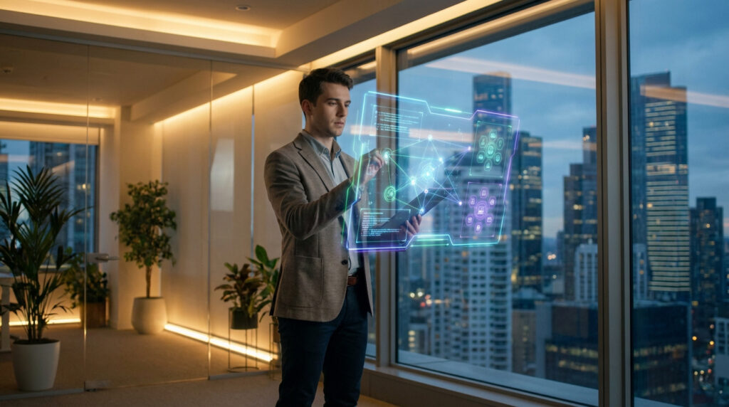 Jeune homme interagissant avec un écran holographique lumineux, dans un bureau moderne avec vue sur la ville la nuit. Il tient une tablette.