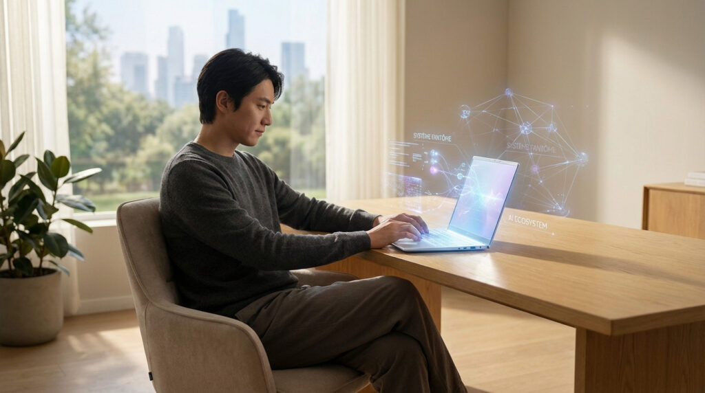 Un homme tape sur un ordinateur portable, avec une interface holographique futuriste affichant des données du "Système Fantôme" et "AI Ecosystem", dans un bureau moderne.