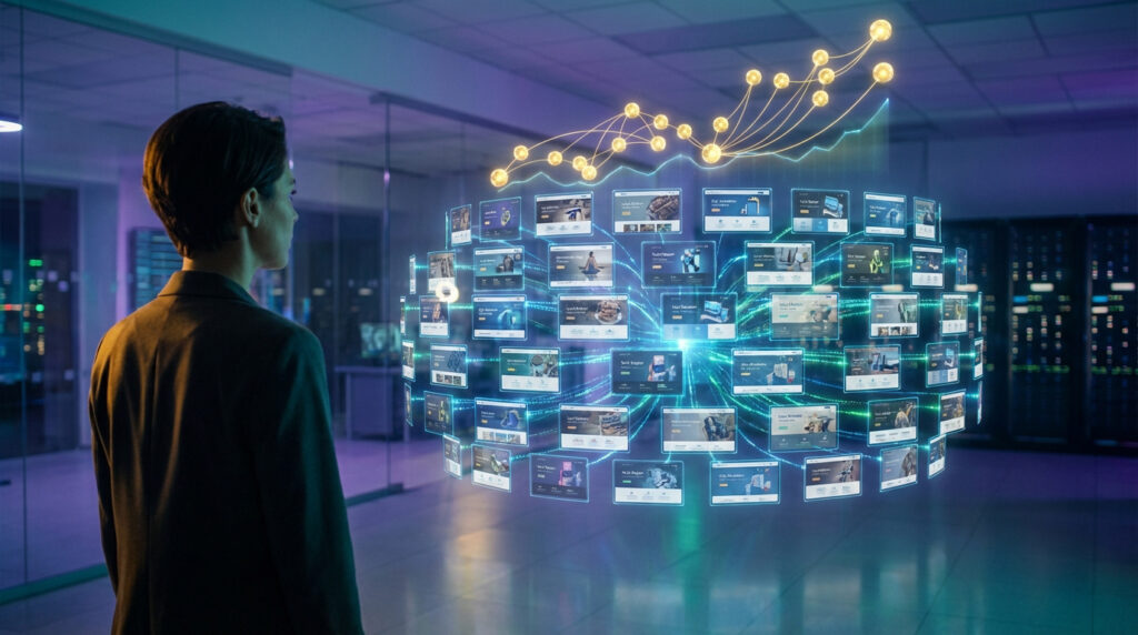 Femme observant une projection holographique de nombreux sites web interconnectés et un graphique de croissance, illustrant la génération de leads par IA.