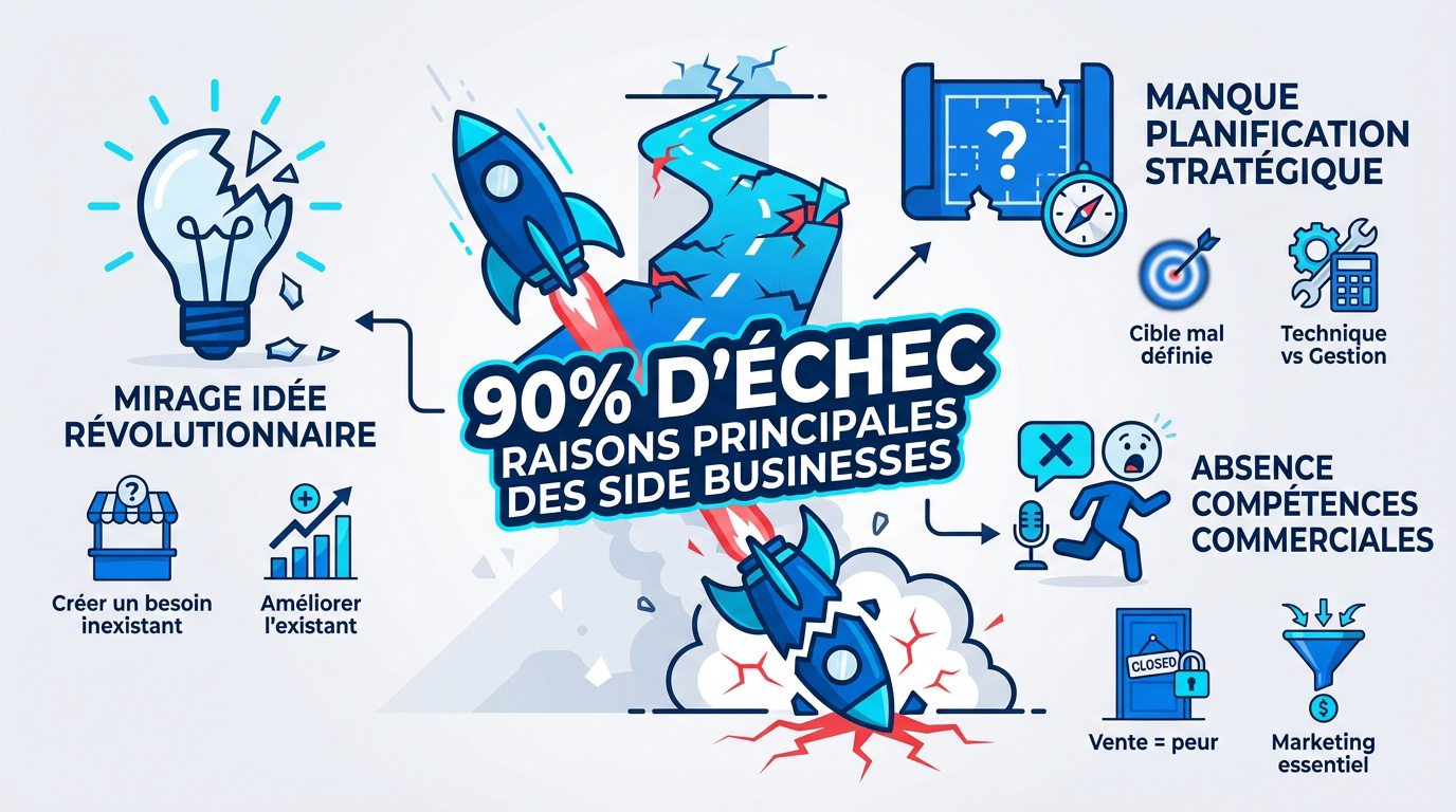 Graphique illustrant les causes principales d'échec des side projects après six mois