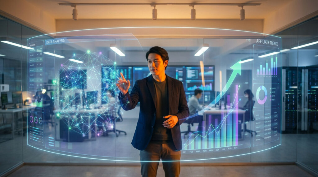 Un homme asiatique en costume interagit avec un écran holographique affichant des graphiques d'analyse de données et de tendances d'affiliation dans un bureau moderne.