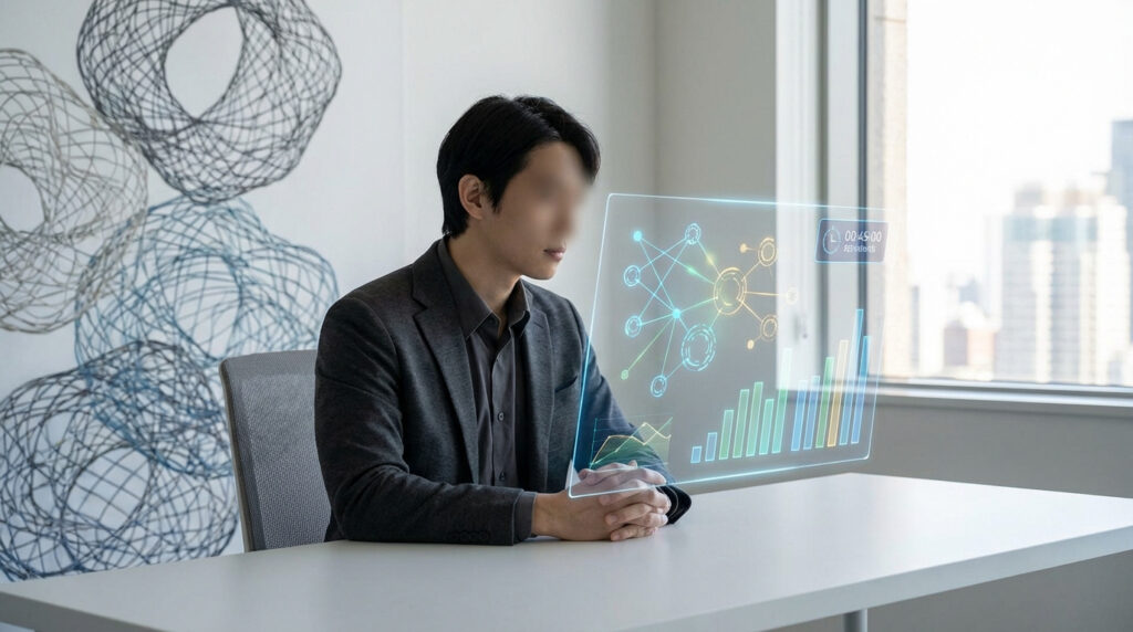 Homme consultant un écran holographique avec graphiques et données complexes, dans un bureau moderne avec vue sur la ville.