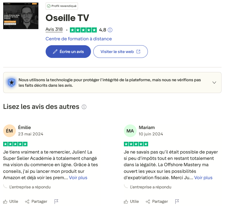 avis trustpilot concernant la super seller académie et julien d'oseille tv