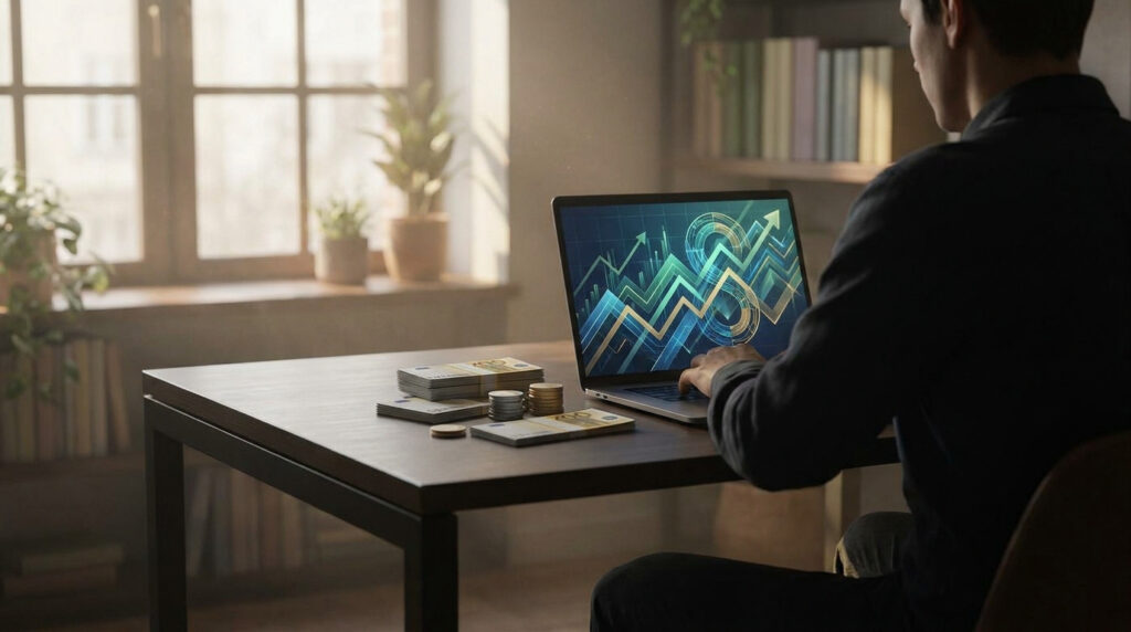 Un homme travaille sur un ordinateur portable affichant des graphiques financiers, avec des billets et pièces d'euros sur la table.