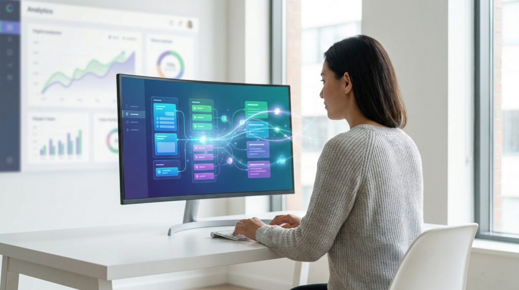 Femme travaillant sur un ordinateur, visualisant des flux de données IA et du code. Arrière-plan flou avec tableaux de bord analytiques.