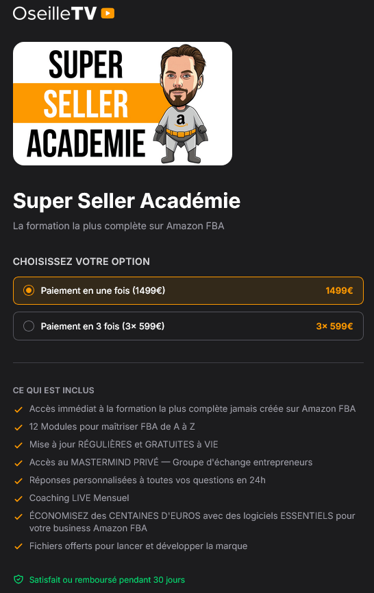prix tarif de la super seller académie