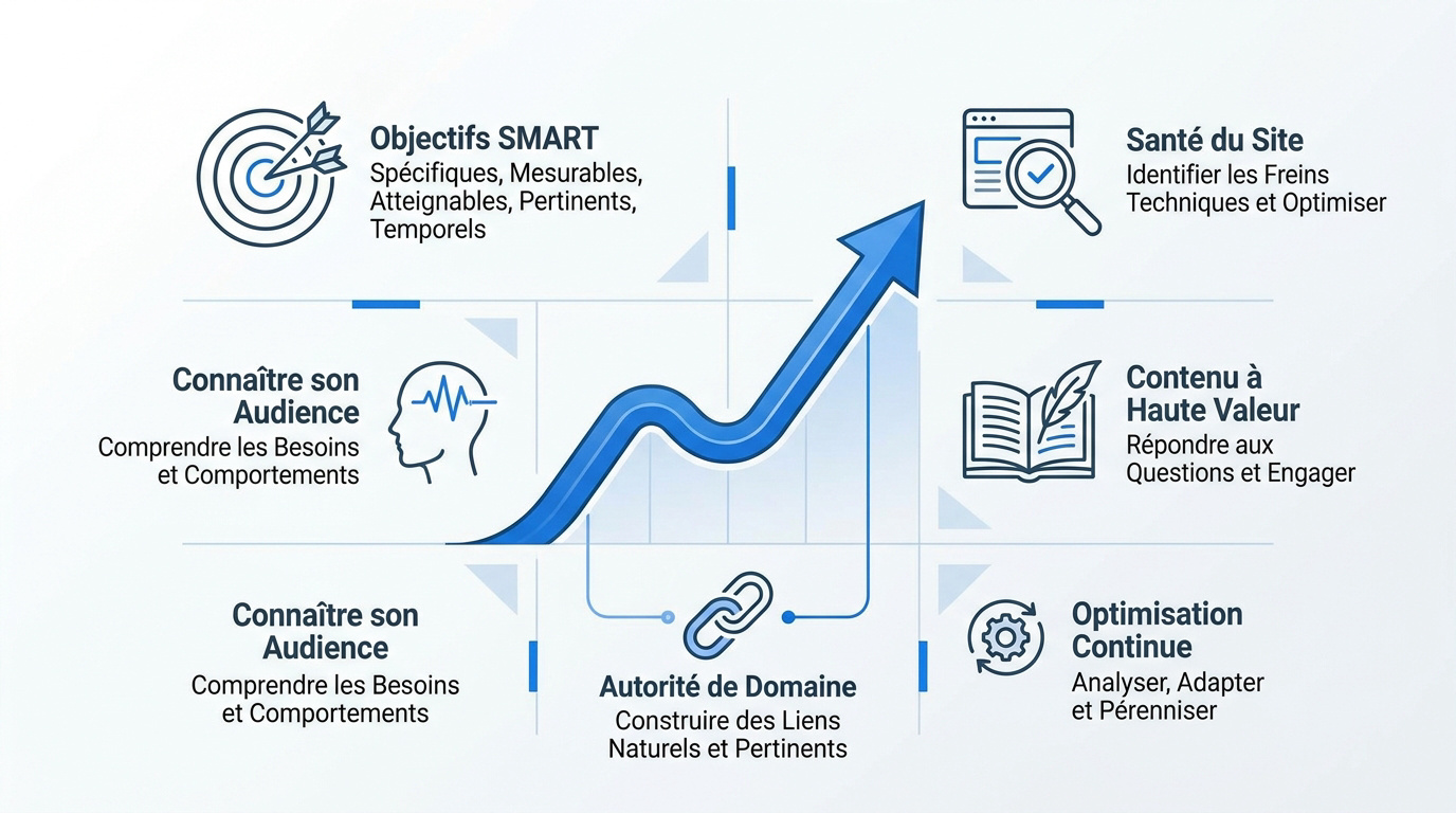 Illustration des piliers d'une stratégie SEO efficace pour le positionnement web