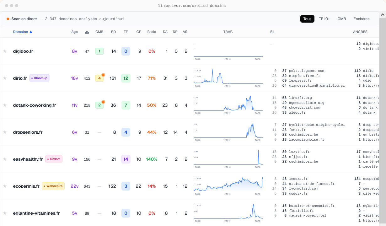 recherche de noms de domaines expirés sur LinkQuiver